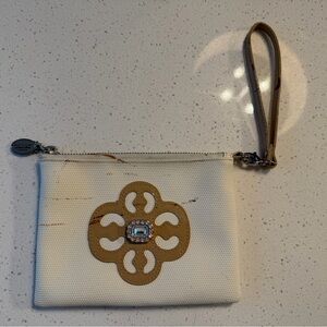 My Flat in London White Wristlet Clutch with Tan Accent and Jewel Detail